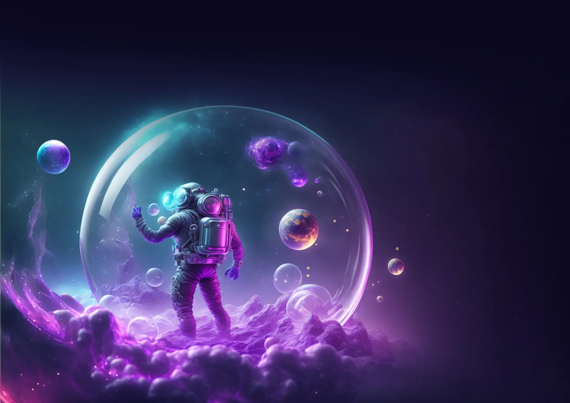 An astronaut inside a soap bubble above purple cloud