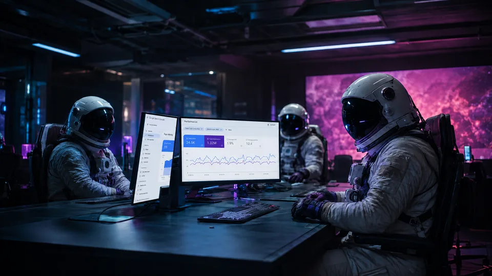 Bubblehub marketing team reviewing an analytics dashboard A Bubblehub astronaut reviewing a performance analytics dashboard with colleagues behind