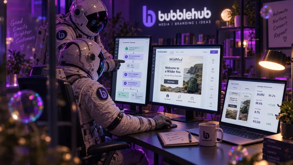 Bubblehub astronauts building an email in a drag-and-drop builder beside a customer journey automation