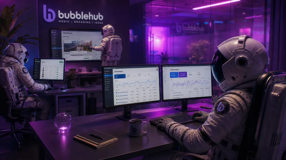 Bubblehub Google Ads campaign performance dashboard A Bubblehub astronaut at three monitors showing Google Ads campaigns and performance graphs