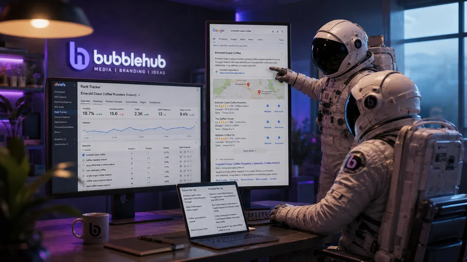 Bubblehub hyperlocal SEO rank tracking on Google Maps Bubblehub astronauts checking a local rank tracker and a Google Maps result for a coffee roaster