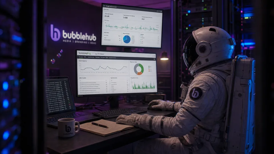 A Bubblehub astronaut analysing server log files and Search Console performance beside a server rack