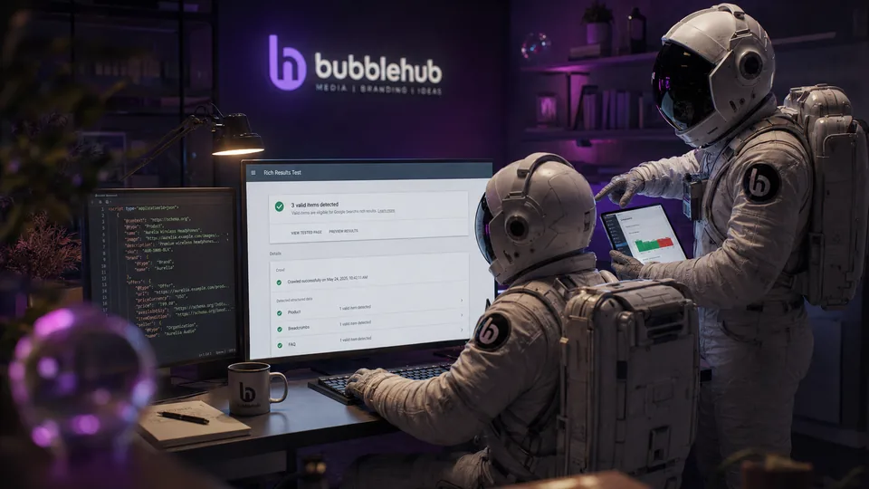 Bubblehub astronauts checking structured data in the Rich Results Test with schema code on the second screen