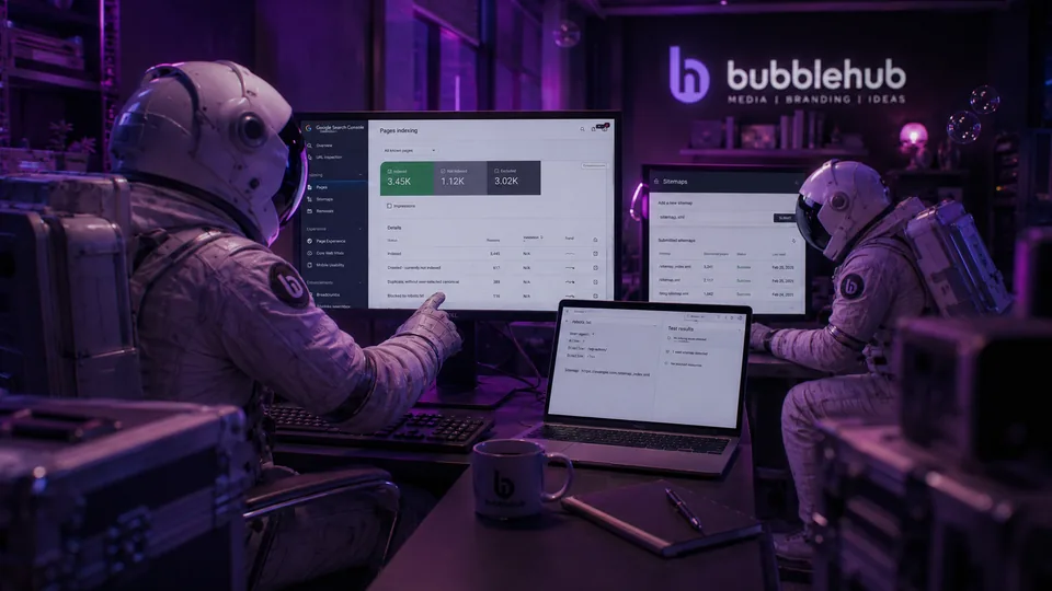 Bubblehub Search Console indexing and sitemap optimisation A Bubblehub astronaut reviewing page indexing and sitemaps in Google Search Console