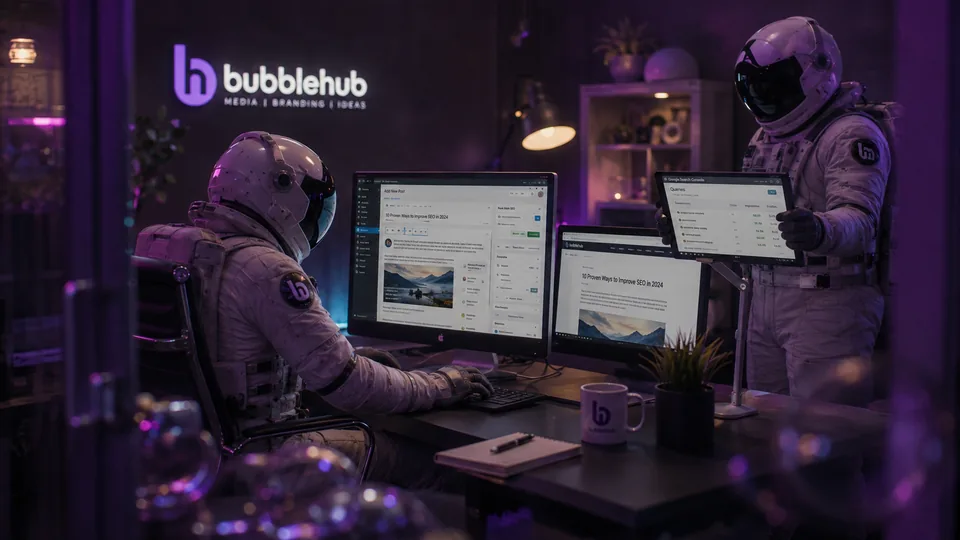 Bubblehub SEO content writing in WordPress with Search Console A Bubblehub astronaut writing an SEO article in WordPress while a colleague checks Search Console on a tablet