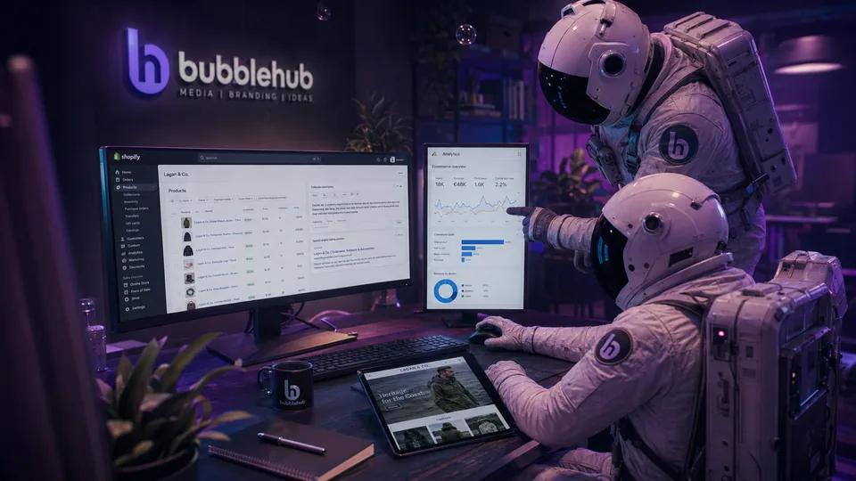 Bubblehub astronauts reviewing a Shopify store admin and its analytics