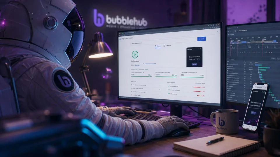 A Bubblehub astronaut checking a PageSpeed Insights score of 94 beside a Lighthouse report