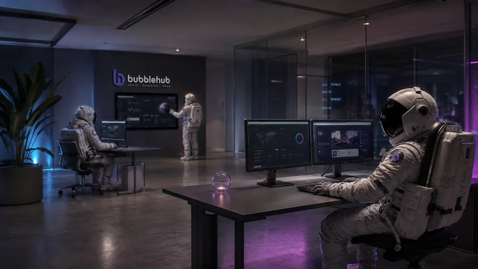 A Bubblehub astronaut presenting a strategy on the office screen while colleagues work at their desks