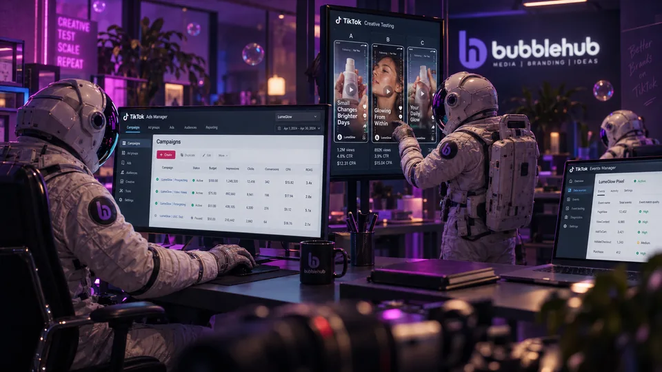 Bubblehub TikTok Ads Manager creative testing Bubblehub astronauts testing creatives in TikTok Ads Manager