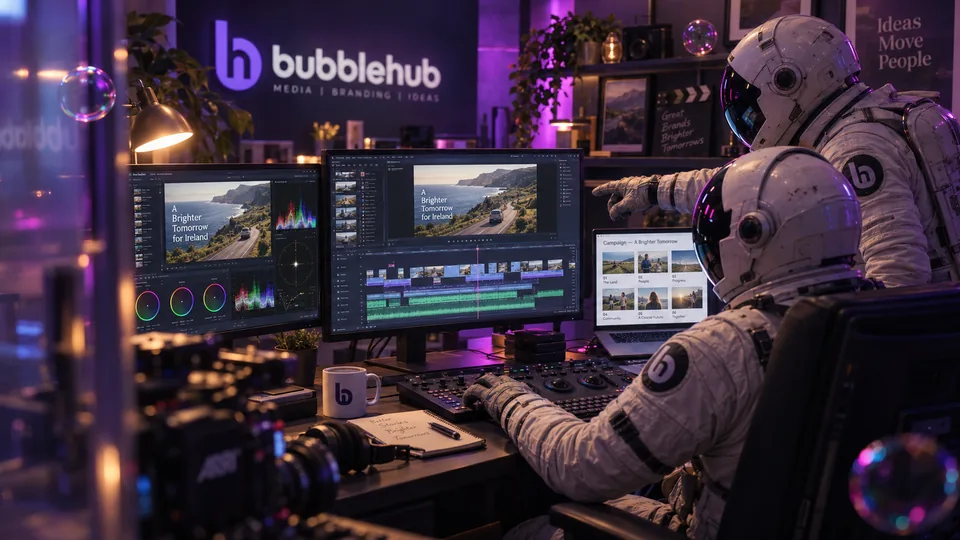 Bubblehub video editing and colour grading A Bubblehub astronaut colour grading a video edit with scopes on screen