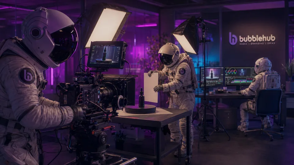 Bubblehub astronauts filming a product with a cinema camera and softbox lights in the studio