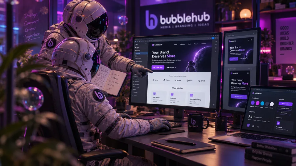 Bubblehub astronauts reviewing a homepage design, "Your brand deserves more", on desktop and mobile