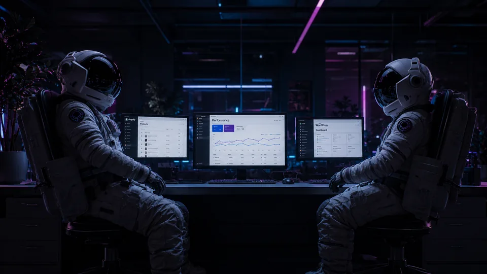 Bubblehub web developers collaborating on a WordPress site Two Bubblehub astronauts facing each other across three monitors showing a WordPress site and its performance