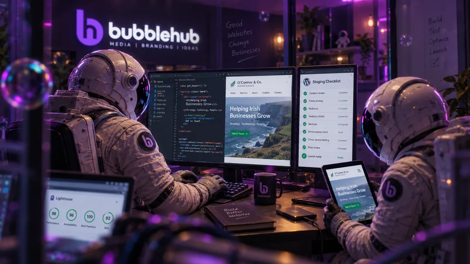 Bubblehub astronauts coding a website with Lighthouse scores and a staging checklist on screen