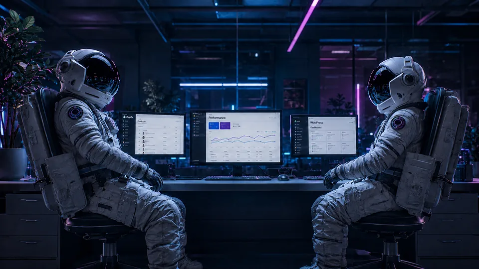 Bubblehub website performance review Bubblehub developers reviewing website performance graphs across three screens
