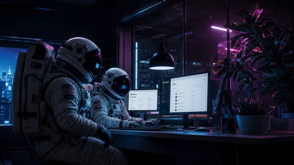 Two Bubblehub astronauts working on a Shopify and WordPress site at night with the city outside