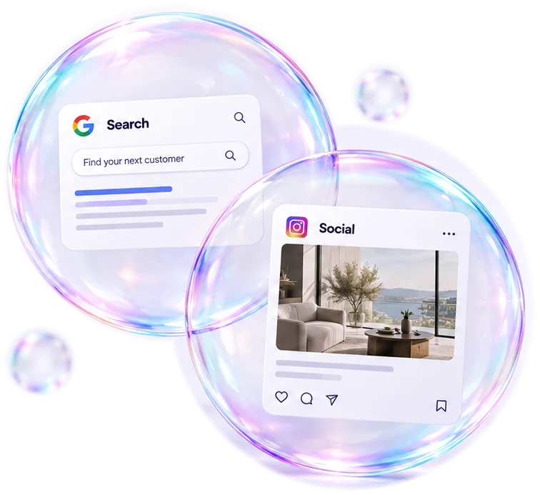 A Google search and an Instagram post, each floating inside a soap bubble