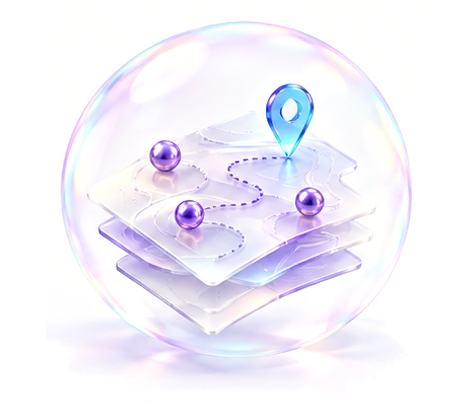 A layered map with a pin and a route, inside a soap bubble