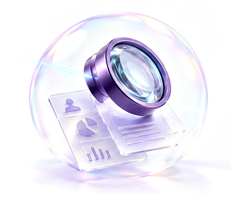 A magnifying glass over a set of reports, inside a soap bubble