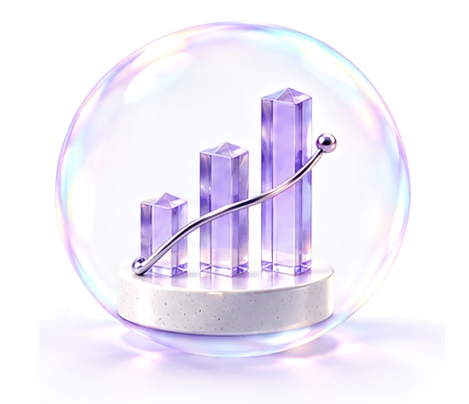 A rising bar chart with a trend line, inside a soap bubble