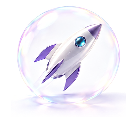 A rocket lifting off, inside a soap bubble