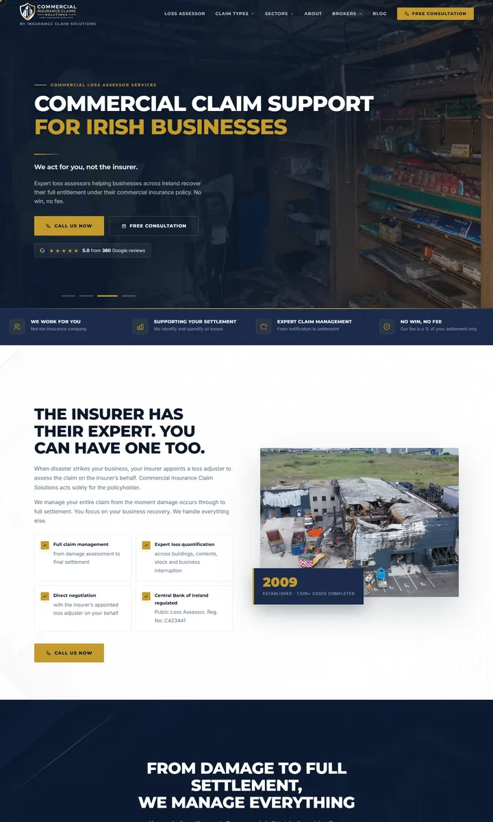 Commercial Insurance Claims homepage on a desktop screen