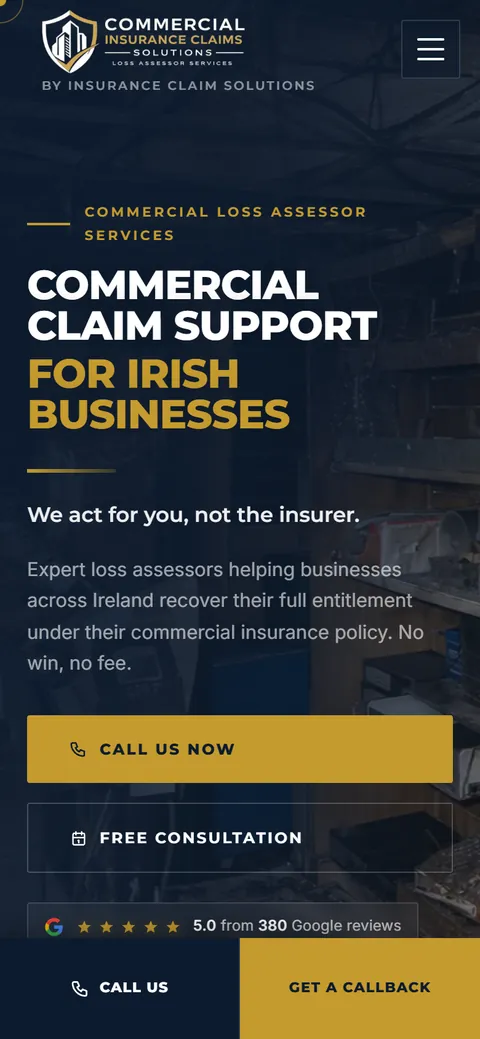 Commercial Insurance Claims homepage on a phone
