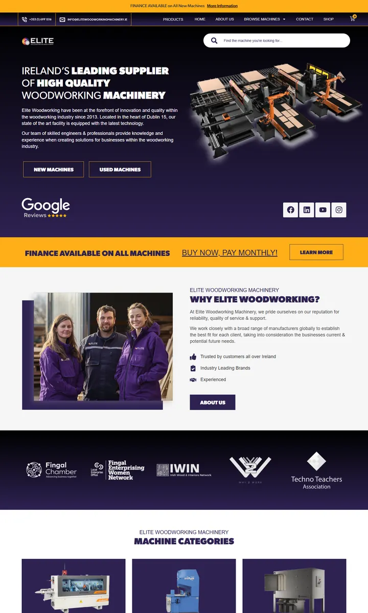 Elite Woodworking Machinery homepage on a desktop screen