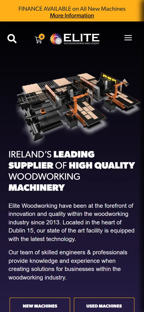 Elite Woodworking Machinery homepage on a phone