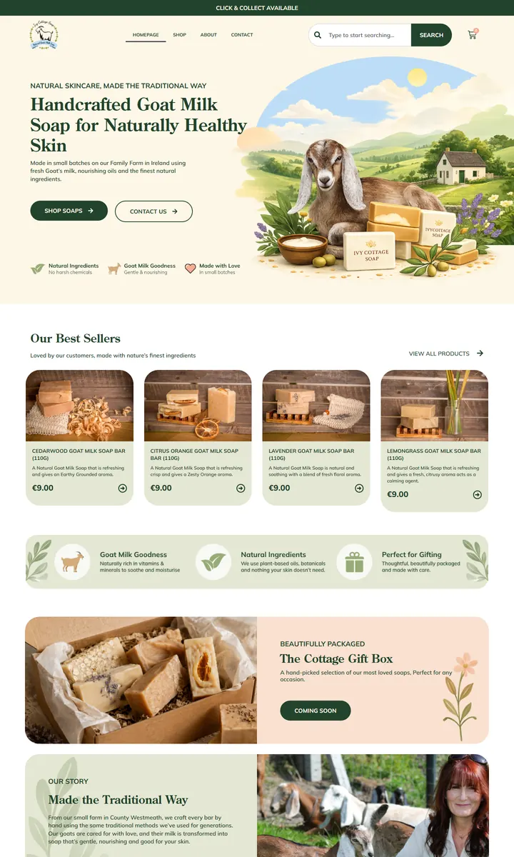 Ivy Cottage Soap homepage on a desktop screen