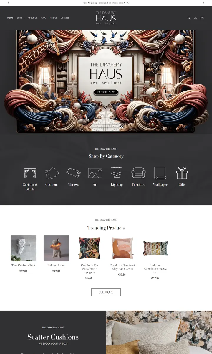 The Drapery Haus homepage on a desktop screen