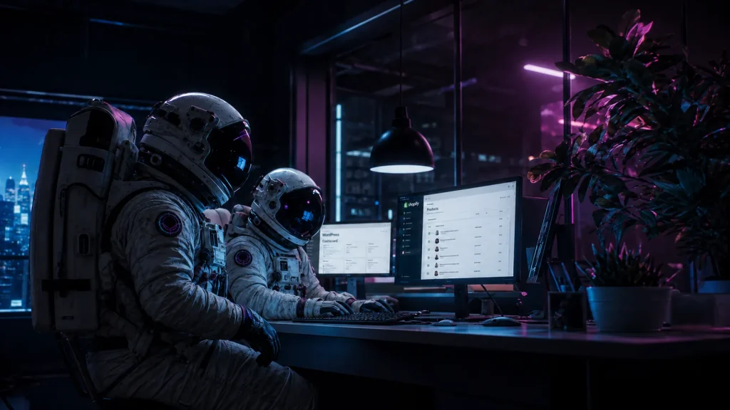 Bubblehub astronauts managing a WordPress dashboard at a shared desk