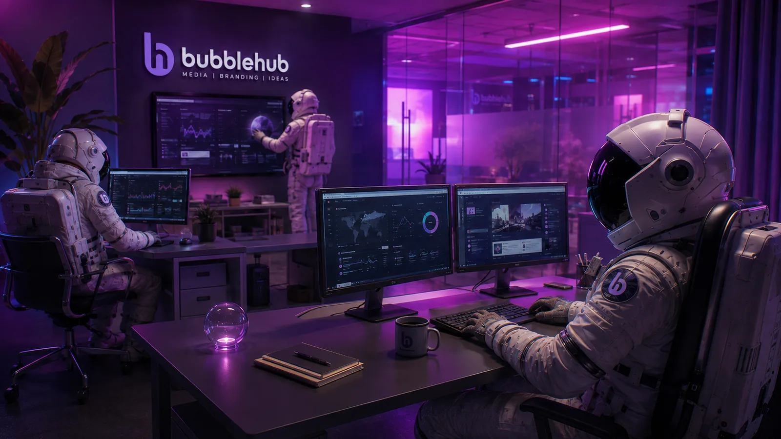 A Bubblehub astronaut at dual monitors showing a world map traffic dashboard