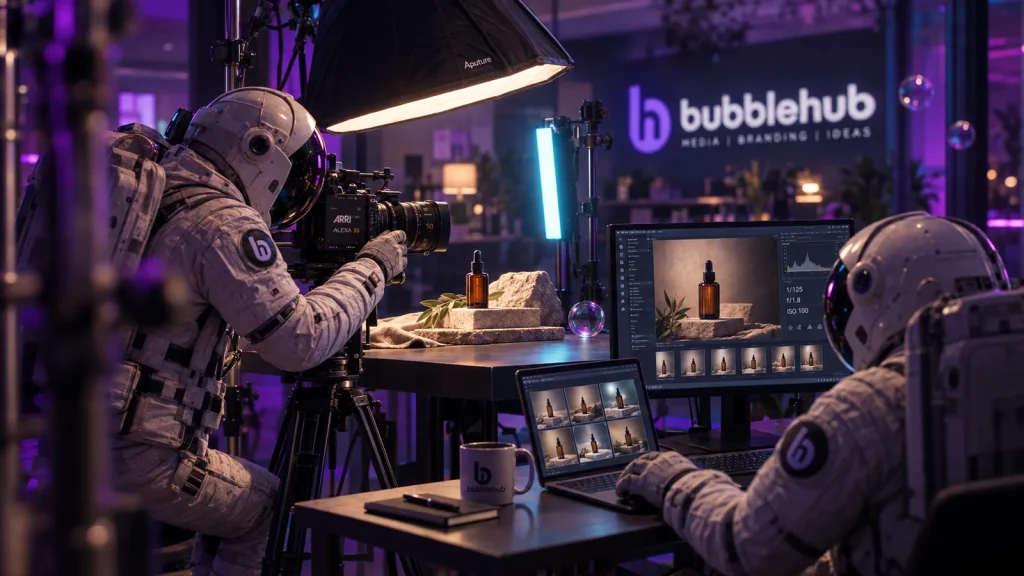 A Bubblehub astronaut shooting product photography with a cinema camera and a light box