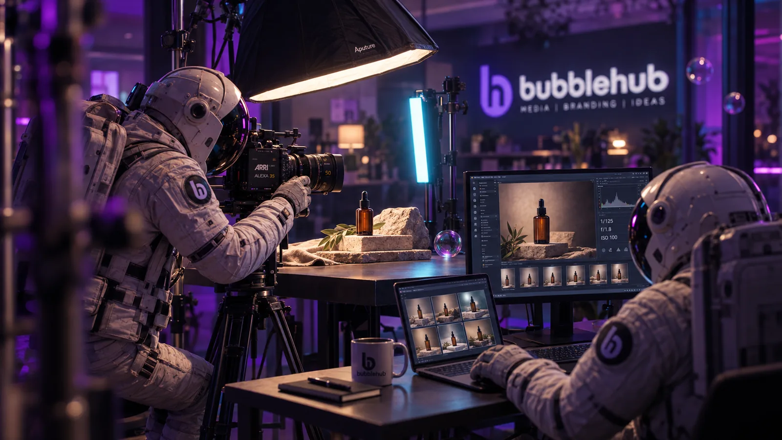 A Bubblehub astronaut shooting product photography with a cinema camera and a light box A Bubblehub astronaut shooting product photography with a cinema camera and a light box