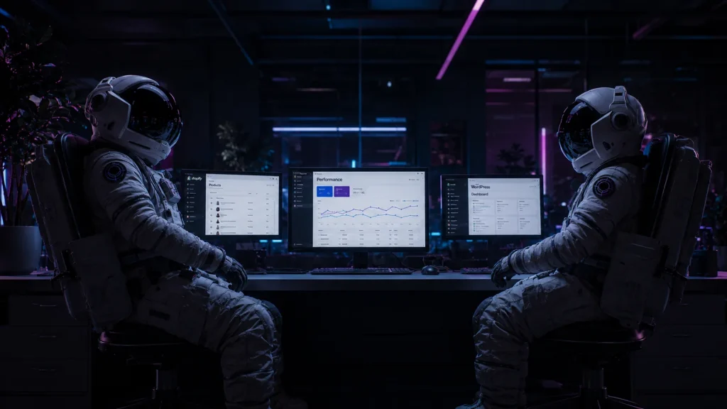 Two Bubblehub astronauts facing each other across three monitors showing a WordPress site and its performance