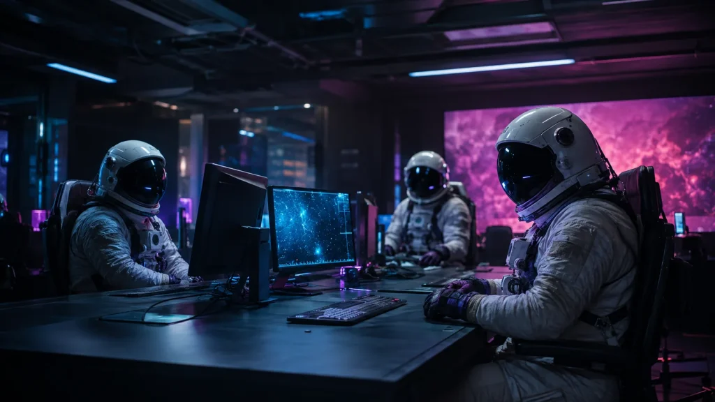 Bubblehub astronauts studying search data on a monitor in a purple-lit office