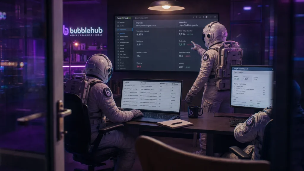 A Bubblehub astronaut comparing an old and a new site crawl during a website migration, redirects highlighted