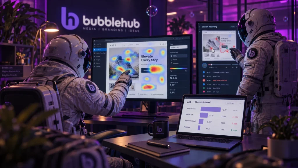 Bubblehub astronauts studying a heatmap, a session recording and a GA4 checkout funnel