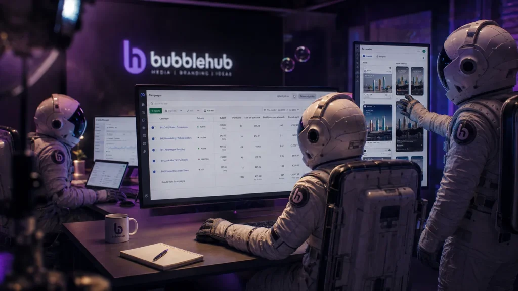 Bubblehub astronauts reviewing a Google Ads campaign table and a set of ad creatives
