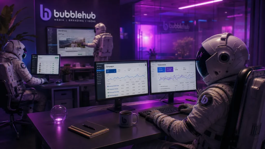 A Bubblehub astronaut at three monitors showing Google Ads campaigns and performance graphs