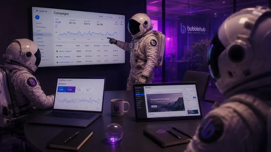 A Bubblehub PPC specialist pointing at a Google Ads campaigns screen while a colleague checks search terms on a laptop