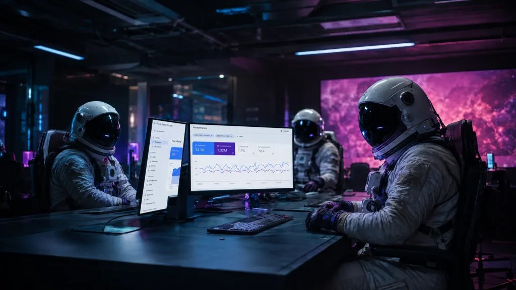 A Bubblehub astronaut reviewing a performance analytics dashboard with colleagues behind