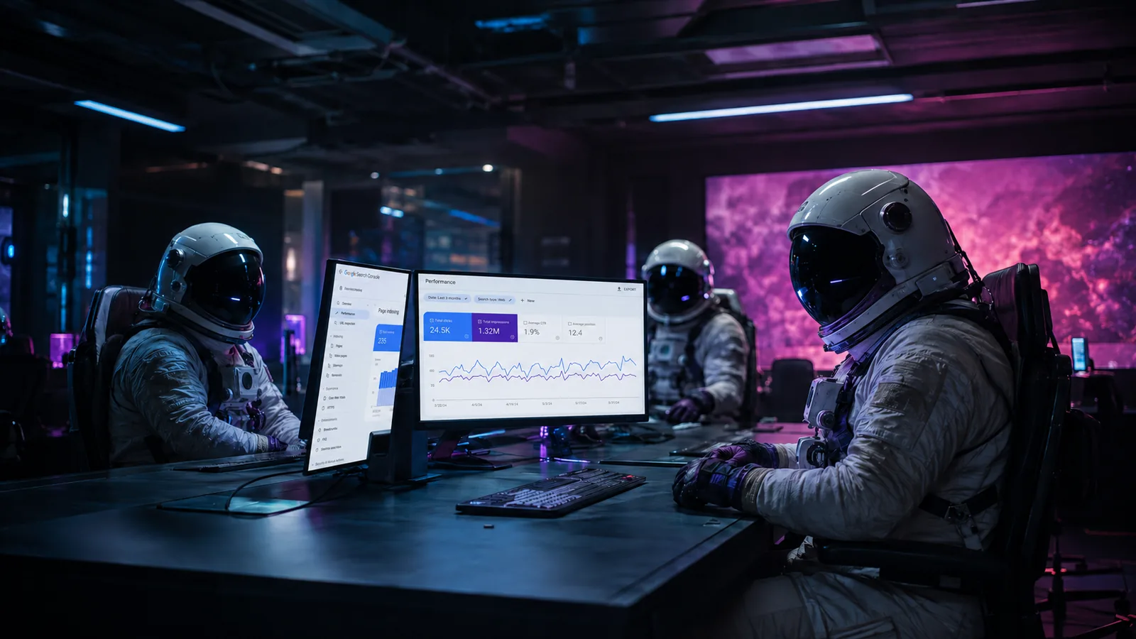 A Bubblehub astronaut reviewing a performance analytics dashboard with colleagues behind