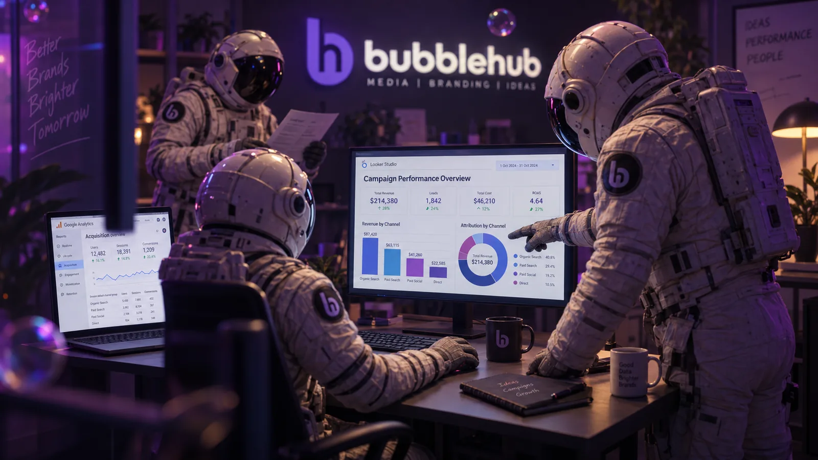Bubblehub astronauts presenting a Looker Studio campaign performance overview