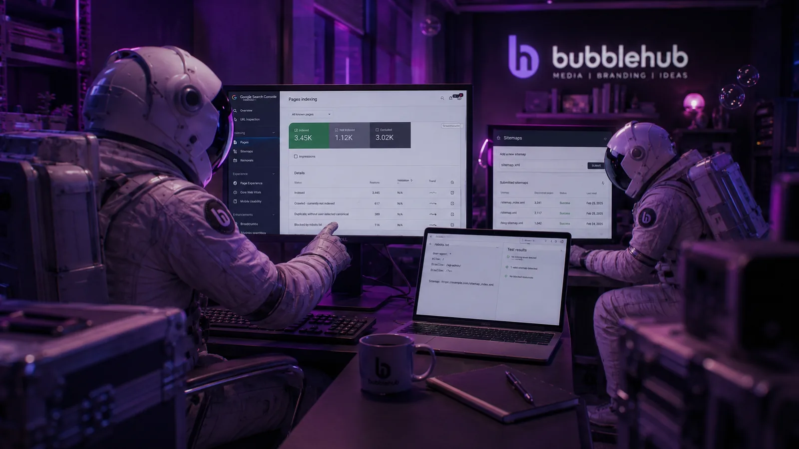 A Bubblehub astronaut reviewing page indexing and sitemaps in Google Search Console A Bubblehub astronaut reviewing page indexing and sitemaps in Google Search Console