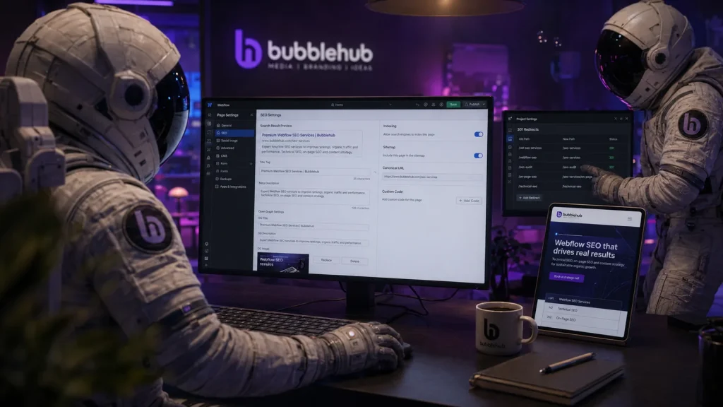 Bubblehub astronauts editing Webflow SEO settings with the result on a phone