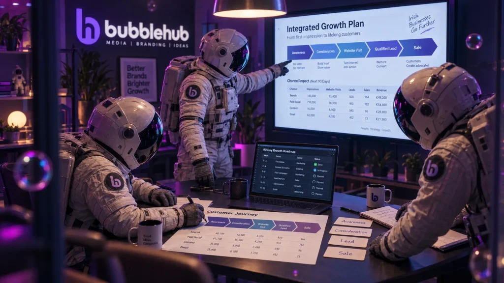 A Bubblehub astronaut presenting an integrated growth plan from awareness to sale while colleagues map the customer journey