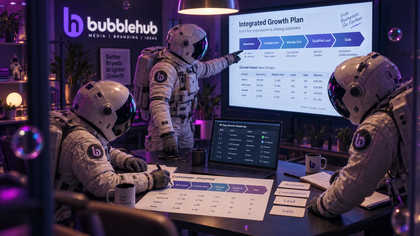 A Bubblehub astronaut presenting an integrated growth plan from awareness to sale while colleagues map the customer journey