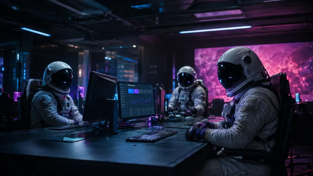 Bubblehub astronauts at a bank of screens showing campaign performance reports
